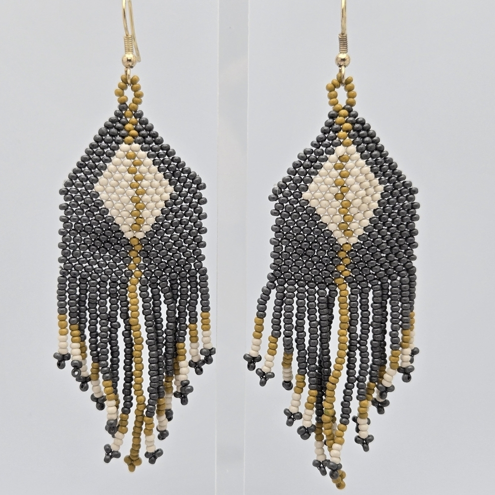 Ink + Alloy Handmade Grey Gold Beaded Fringe Designer Earrings 3.5''